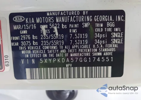 2016 Kia Sorento 3.3L Sx из США, поврежденный, VIN 5XYPKDA57GG174551